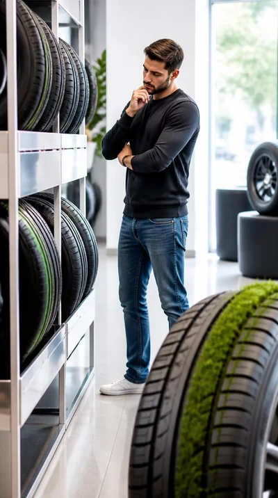 Person choosing between new and eco-friendly tires in a tire shop, emphasizing responsible consumption