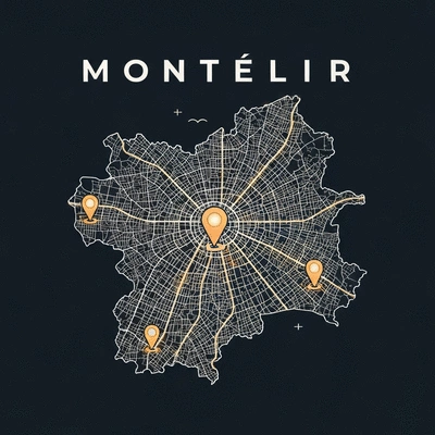 Carte stylisée de Montpellier et de la région de l'Hérault, avec des points lumineux indiquant la couverture du service, no text, no words, no typography, 8K