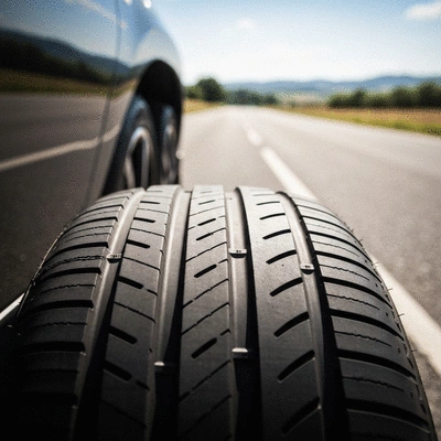Close-up of a high-performance summer tire on a car, with a blurred road background, no text, no words, no typography