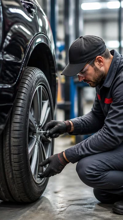 Mécanicien automobile inspectant un pneu avec des outils dans un garage