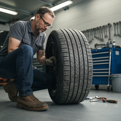 Close-up of a damaged car tire being inspected, highlighting the decision to repair or replace