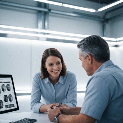 Customer consulting with a tire specialist in a modern garage