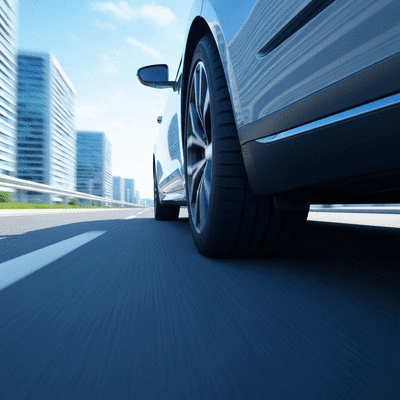 Modern car driving on a road, tire visible, illustrating mobility and environmental responsibility
