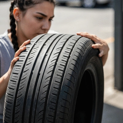 Person inspecting a used car tire for cracks and wear, close-up, outdoors