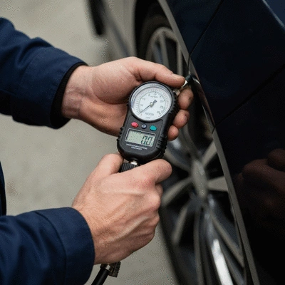 Person checking tire pressure with a gauge