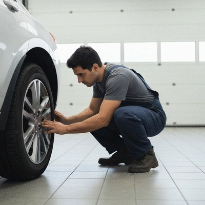 Mechanic inspecting a car tire after an impact