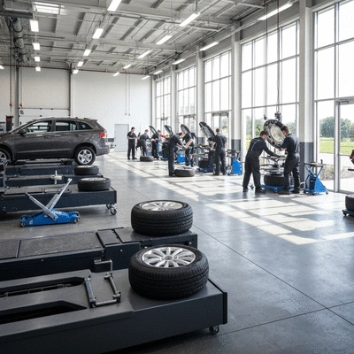 Modern tire service center with professional equipment