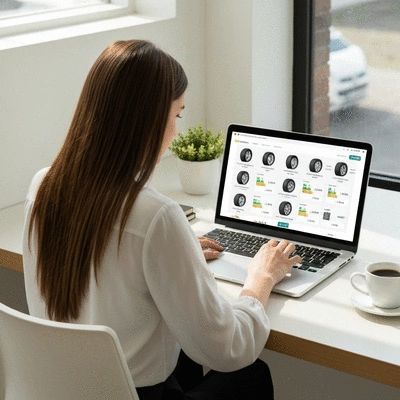 Person using an online tire comparison tool on a laptop