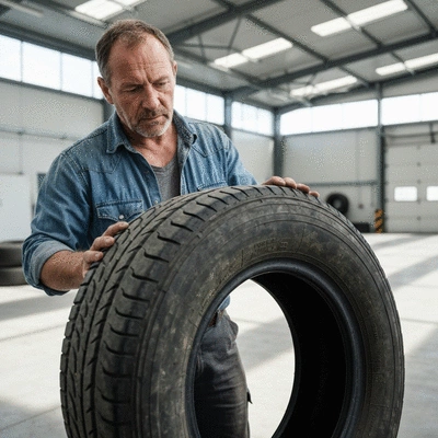 Personne examinant des pneus d'occasion en entrepôt
