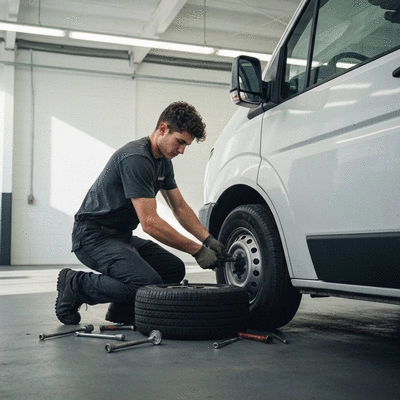 Mechanic working on a commercial van tire in a garage, with tools visible, clean image, no text, no words, no typography, no labels