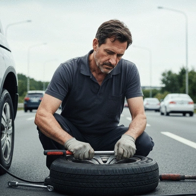Mécanicien en train de réparer un pneu sur place sur une route, avec des outils professionnels, ambiance d'urgence, no text, no words, no typography, 8K
