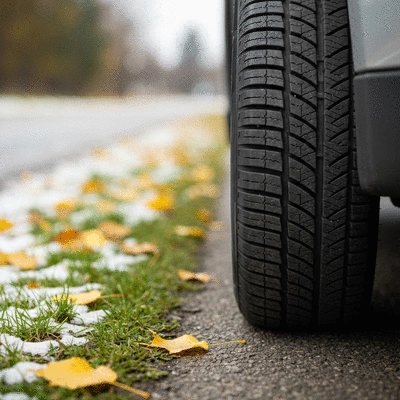 Close-up of a car tire on a road, with a subtle background showing changing seasons from summer to winter, no text, no words, no typography, no labels, clean image