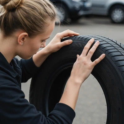 Personne examinant le flanc d'un pneu de voiture pour lire les dimensions