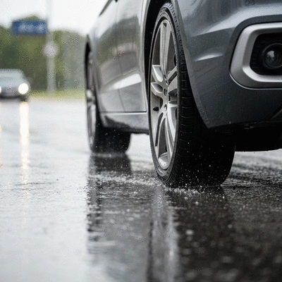 Car driving on a wet road in Montpellier during rainy weather, modern car, no text, no words, no typography, clean image