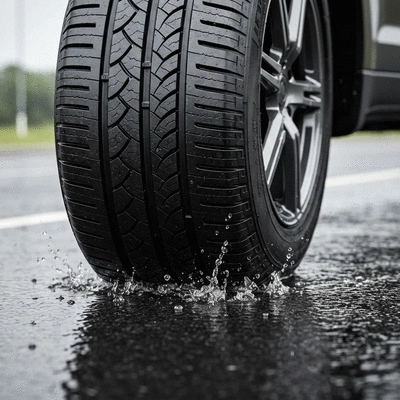 Close-up of a high-quality car tire on a wet road, showing excellent grip, no text, no words, no typography, no labels, clean image