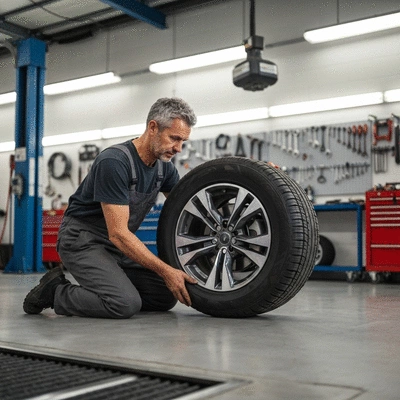 Mechanic mounting a tire on an SUV wheel