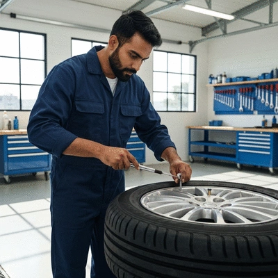 Mechanic inspecting a tire valve with tools in a clean garage