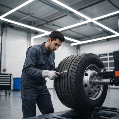 Mechanic repairing a commercial vehicle tire