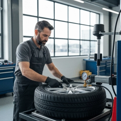 Mechanic working on tire fitting in a clean garage