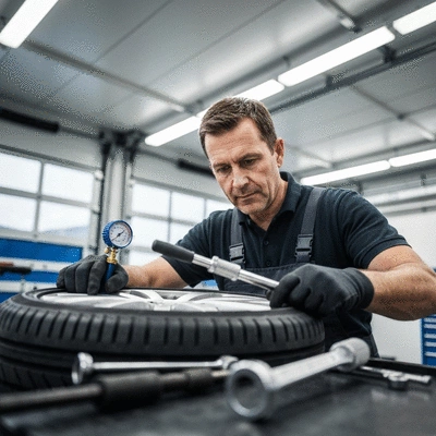 Mechanic working on car tire in a garage, close-up on tools and tire, clean environment, professional, no text, no words, no typography