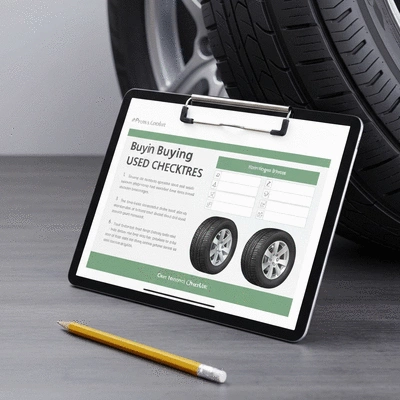 Checklist for buying used tires, displayed on a tablet or clipboard