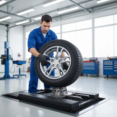 Mechanic mounting a tire on a car wheel, professional garage setting, no text, no words, no typography, clean image
