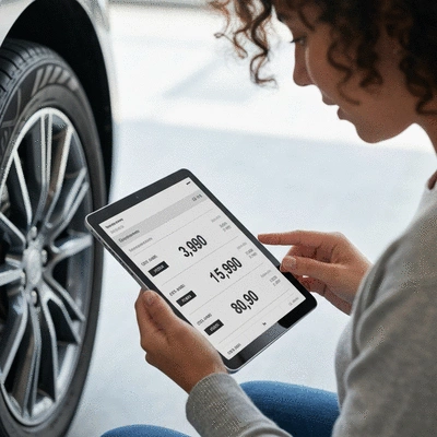 Person comparing different tire prices on a tablet, with a car tire in the background, clean image, no text, no words, no typography