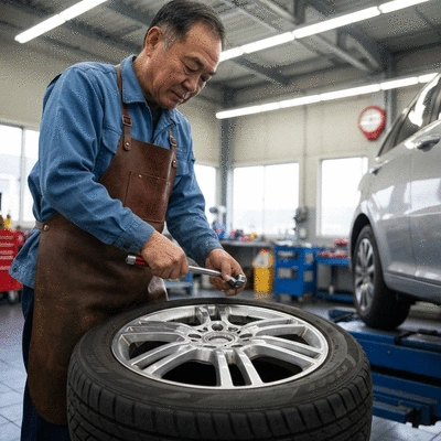 Mechanic installing a new tire on a car wheel, close-up, in a modern garage