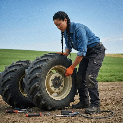 Mécanicien réparant un pneu de tracteur dans un champ