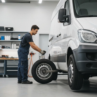 Mechanic working on changing a tire of a commercial van in a garage, clean image, no text, no words, no typography, 8K