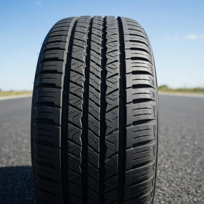Close-up of a modern all-season tire with a detailed tread pattern on an asphalt road, no text, no words, no typography, clean image