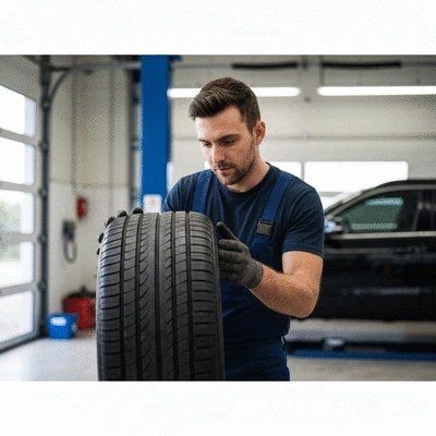 Mechanic inspecting a car tire, showing good tread depth, in a clean garage setting, no text, no words, no typography