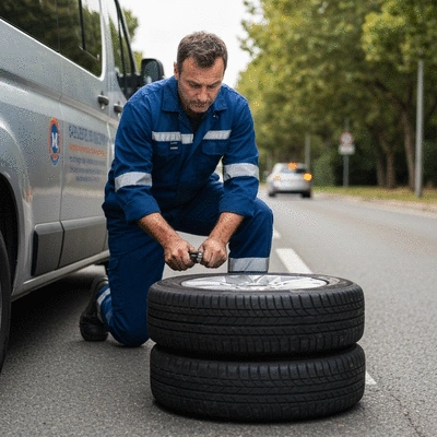 Mechanic repairing a car tire on the side of a road in Montpellier