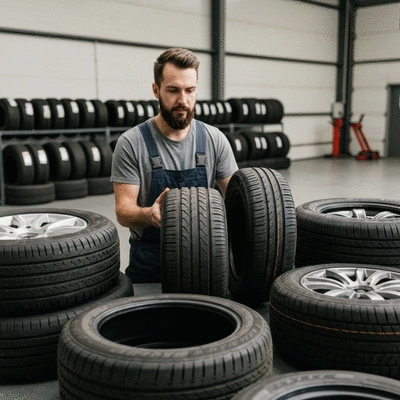 Person comparing different used tires in a workshop setting