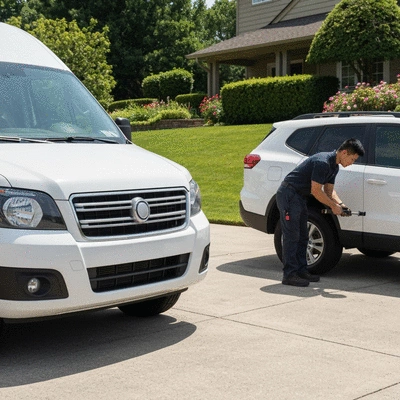Mobile tire service van parked in a driveway, technician working on a tire, residential background, no text, no words, no typography, no labels, clean image