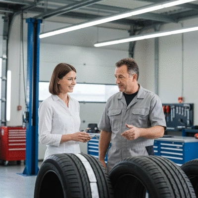Customer consulting with a mechanic about tire options in a clean and modern garage, professional setting, no text, no words, no typography