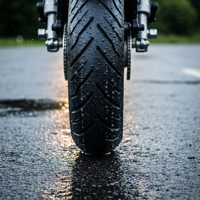 Gros plan sur un pneu de moto avec une bande de roulement détaillée sur une route mouillée, montrant une excellente adhérence.