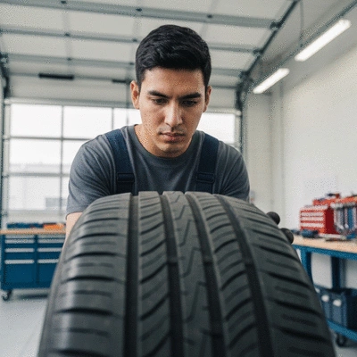 Mechanic inspecting a car tire in a garage, close-up on tire tread