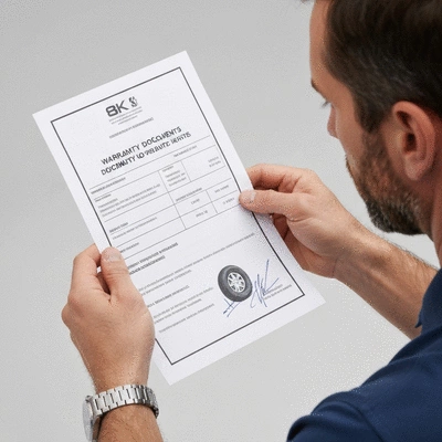 Car owner reviewing warranty documents for tire repair