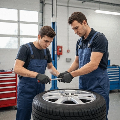 Professional mechanic mounting a car tire onto a rim using specialized equipment in a clean auto shop, no text, no words, no typography, 8K