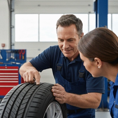 Mechanic showing tire tread depth to a customer, in a garage setting, professional photography