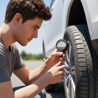 Person checking tire pressure with a gauge
